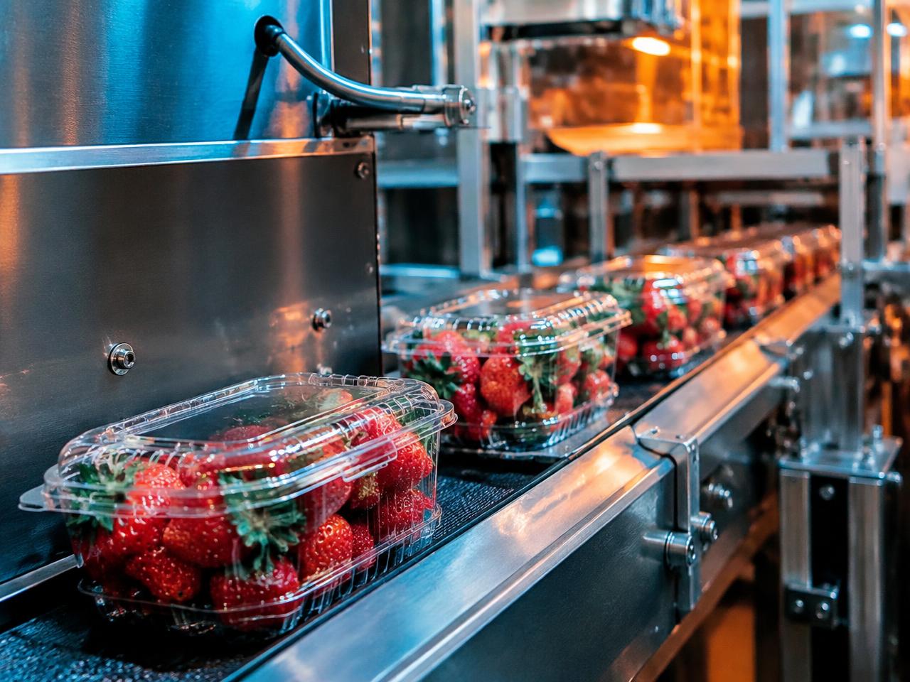 Automated clamshell packaging line with strawberries